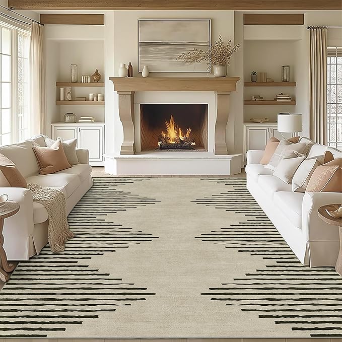 HelloTree Area Rug for Living Room 9x12 Washable Geometric Moroccan Rug Stripe Farmhouse Bohemian Minimalistic Non Slip Non Shedding Ultra Thin Soft Rug for Bedroom Office DiningRoom Nursery-Cream