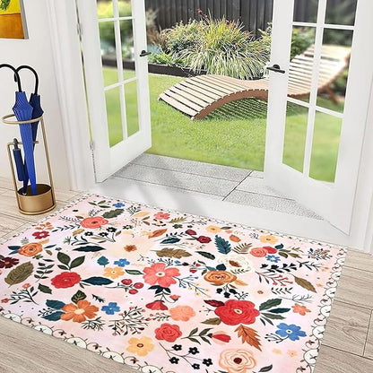 Floral Rug Door Mat Indoor Entrance 2x3 Rug Washable Small Area Rug Non-Slip Low-Pile Floor Carpet for Indoor Entryway Front Entrance Kids Room（Pink）