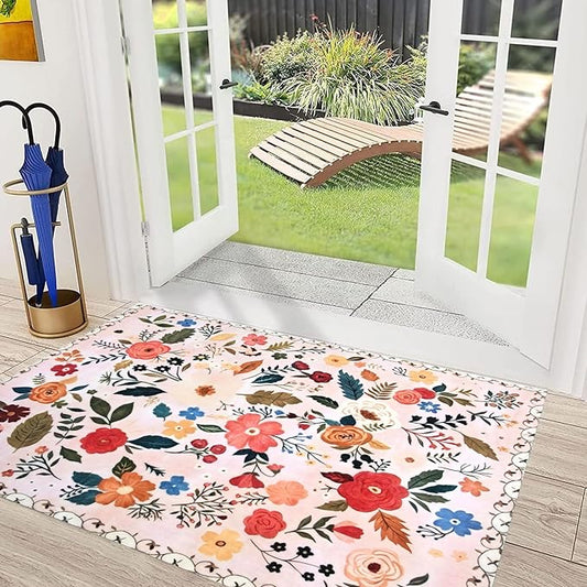 Floral Rug Door Mat Indoor Entrance 2x3 Rug Washable Small Area Rug Non-Slip Low-Pile Floor Carpet for Indoor Entryway Front Entrance Kids Room（Pink）