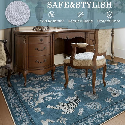 Moynesa Animal Area Rugs 5x7, Washable Luxurious Vintage Boho Blue Area Rug for Bedroom Living Room Dining Room Office Playroom, Farmhouse Low Pile Soft Non-Slip Carpets for Indoor