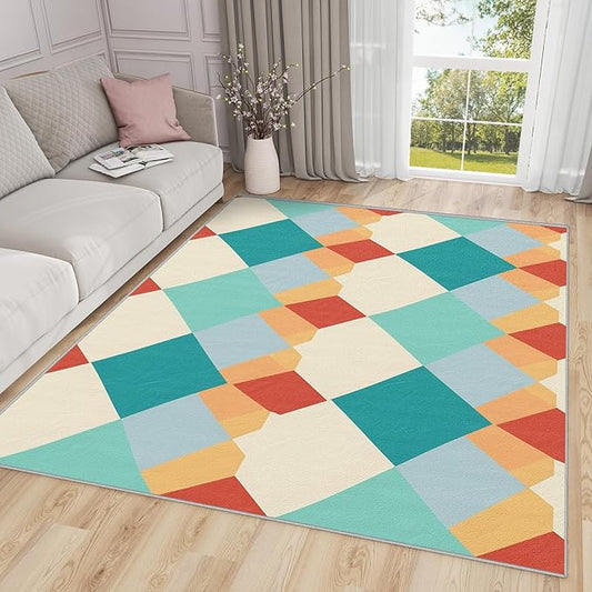 Geometric Rugs for Bedroom - 4x5ft - Colorful Retro Mid Century Modern Rugs for Living Room Non Slip Low Pile Machine Washable Area Rug, Geometric Carpets Home Decor & Gifts