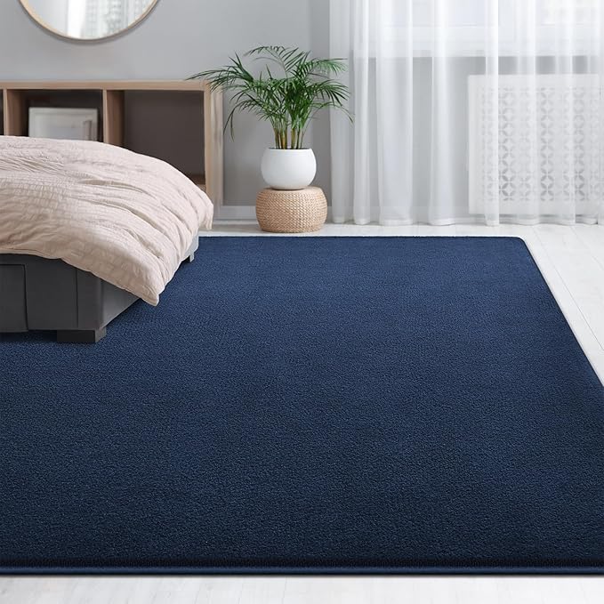 Large Area Rugs for Living Room Bedroom, 7x10 Feet Navy Blue Rug, Minimalist Modern Shag Rug, Soft Thick Memory Foam Indoor Carpet, Non-Slip Washable Rug for Boys Girls Dorm Nursery Room Home Decor