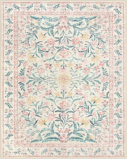 Wonnitar 8x10 Washbale Rugs for Living Room, Boho Pink Room Decor for Girls Bedroom, 8 x 10 Soft Non Slip Low Pile Indoor Floral Carpet for Kids Room Playroom Toddler Nursery
