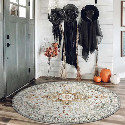 Moynesa Ultra-Thin Washable Round Rug - 4ft Oriental Circle Area Rugs for Bedroom Entryway, Vintage Non Slip Non Shedding Low Pile Carpet for Living Room Coffee Table Kitchen, Beige/Gold