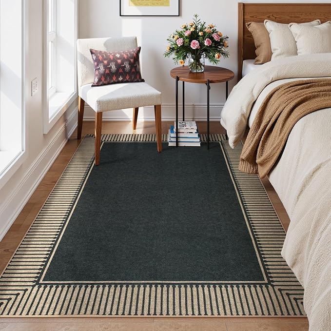 Moynesa Striped Border Easy Jute Outdoor Rug 4x6, Washable Indoor Outdoor Patio Area Rugs for Balcony Backyard Non Slip, Modern Classic Farmhouse Carpet for Living Room, Black