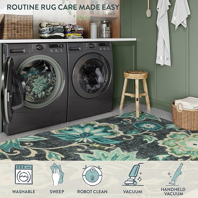 Lahome Floral Living Room Rug - 3x5 Area Rugs for Bedroom Machine Washable Non-Slip Throw Kitchen Entryway Rug Soft Paisley Print Distressed Floor Capet for Office Laundry Room Dining Room Bathroom