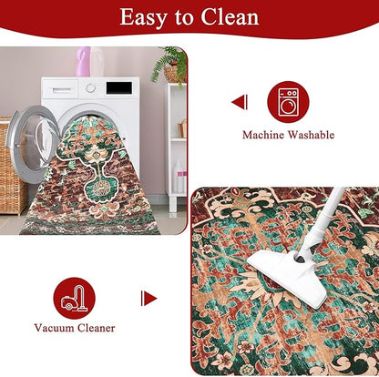 U'Artlines Boho Vintage Round Area Rug 6ft Machine Washable Low Pile Soft Floor Carpet Non Slip Non Shedding Accent Rug for Living Room Bedroom Entryway Dining Room Office Rust＆Teal