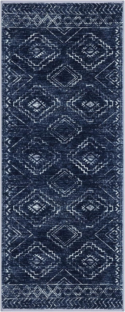 KILOCOCO Boho Kitchen Runner Rug 2x5 Washable Runner Rug, Soft Runners for Hallways Non Slip Printed Distressed Laundry Room Rugs, Low-Pile Rugs for Entryway/Bedroom/Living Room, Dark Blue