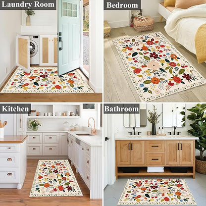 U'Artlines Indoor Door Mat Entrance Rug 2'x3'Soft Non Slip Machine Washable Floral Small Area Rug Carpet for Entryway Kitchen Bathroom Bedroom Beige