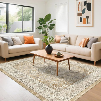 U'Artlines Boho Vintage Area Rug 5x7 Machine Washable Low Pile Soft Floor Carpet Non Slip Non Shedding Accent Rug for Living Room Bedroom Entryway Dining Room Office Cream Tan