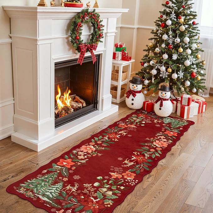 Lahome Floral Christmas Runner Rug, 2x6 Red Christmas Rug Runner Non Slip, Soft Kitchen Runner Rugs with Rubber Backing Holiday Carpet Runner for Hallways Bedroom Laundry, Red
