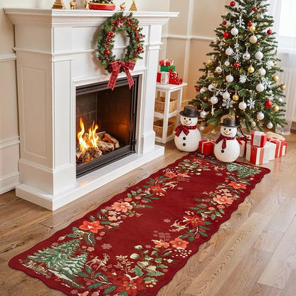 Lahome Floral Christmas Runner Rug, 2x6 Red Christmas Rug Runner Non Slip, Soft Kitchen Runner Rugs with Rubber Backing Holiday Carpet Runner for Hallways Bedroom Laundry, Red