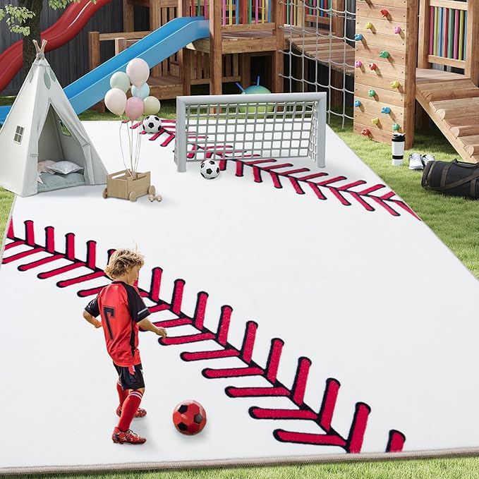 Baseball Soft Area Rug, Cute Bedside Shag Rug for Kids Toddlers Teens, Baseballs Lovers Room Decor Indoor Carpet for Kids Room Bedroom Living Room, Nursery, Machine Washable 7x9 FT