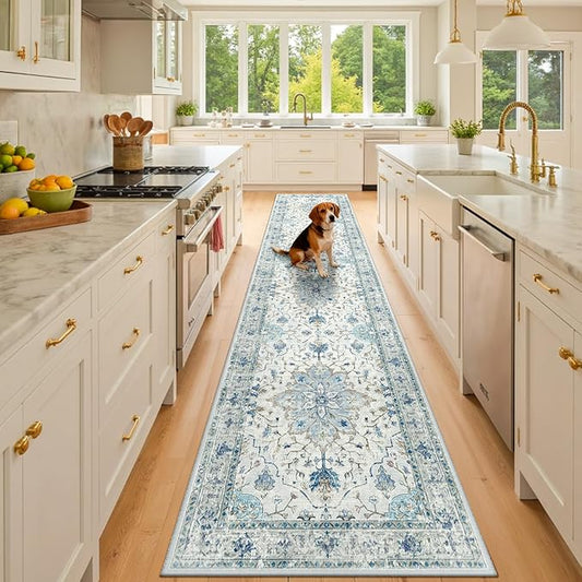 Area Rugs 2'x10' Washable Non-Slip, Floral Vintage Distress Print Pattern Medallion Carpet for Living Room Bedroom Dining Room, Light Blue Navy Beige Gray White