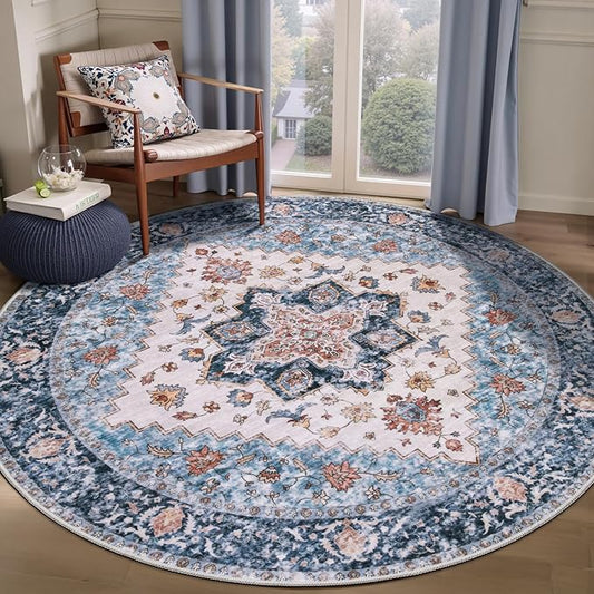 SERISSA Boho Round Area Rug, 6ft Washable Non-Slip Circle Rug, Ultra Soft Oriental Vintage Blue Orange Low-Pile Circular Carpet for Bedroom Entryway Kids Room Office College Dorm Living Room