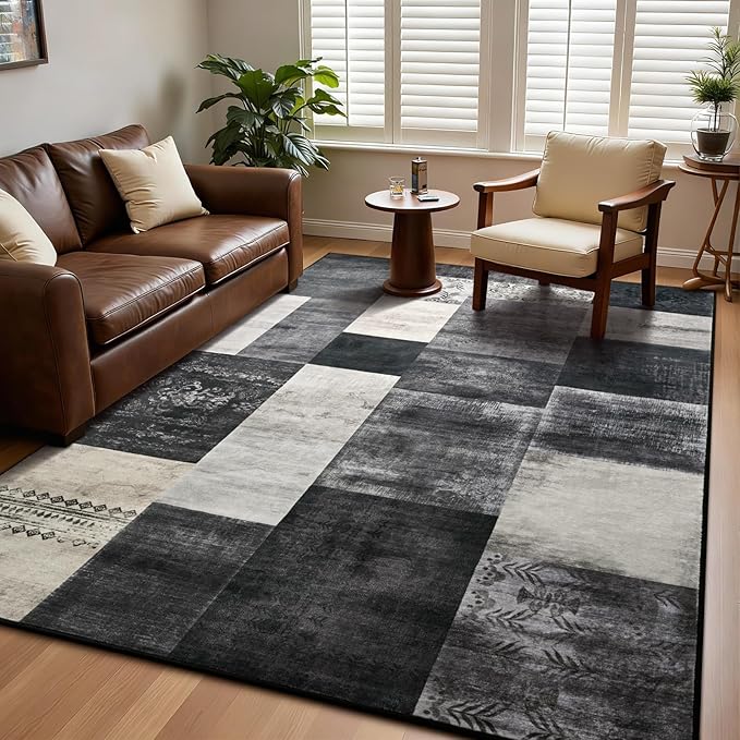 DweIke Washable Area Rugs for Living Room, 4x6 Soft Bedroom Rugs, Geometric Print Non-Slip Modern Rug, Stain Resistant Throw Carpets for Office Nursery Dining Room Home Dorm Decor, Black and White