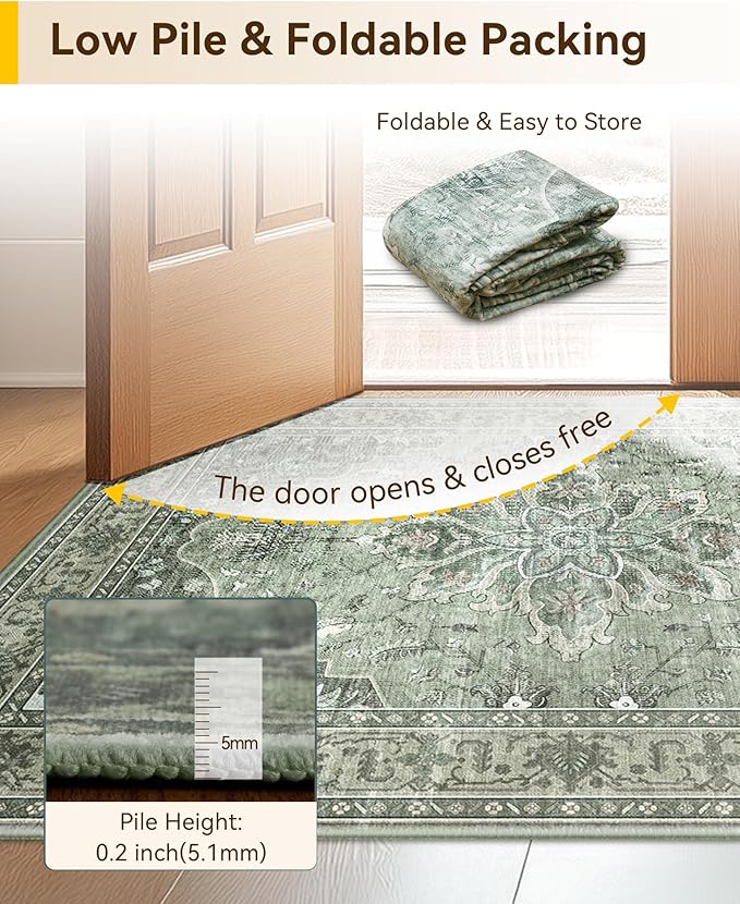 Area Rugs 2'x6' Washable Non-Slip, Floral Vintage Distress Print Pattern Medallion Carpet for Living Room Bedroom Dining Room, Dark Green Gray