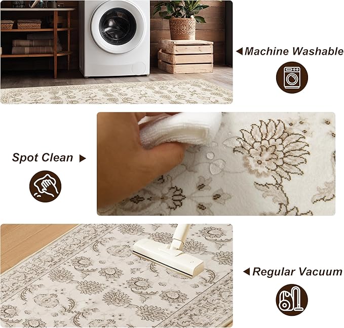 XWZO Runner Rug 2x10ft for Long Hallways, Washable Non-Slip Low Pile Area Rug with Rubber Backing, Spill Resistant Soft Vintage Floor Carpet for Kitchen Entryway Stair Landing Living Room, Beige