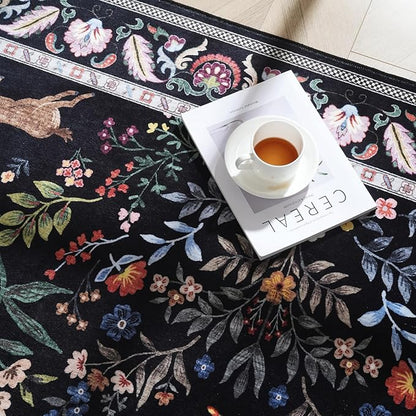 Area Rug 4x6 Rug Washable Rugs Floral Non Slip Low Pile Small Carpet for Bedroom, Bedside, Kids Room, Office, Dining Room (Vibrant Black)