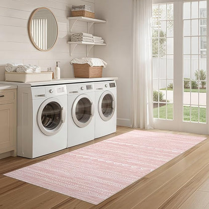 Nakagishi Runner Rug Kitchen Washable Rugs: 3x8 Non-Slip Boho Soft Modern Stain Resistant Indoor Floor Neutral Farmhouse Throw Carpet for Hallway Bathroom Laundry Room Entryway Bedroom- Pink