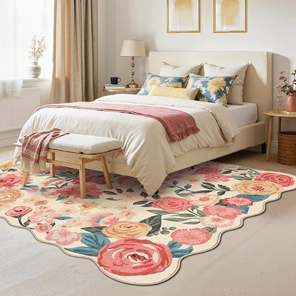 Washable Floral Area Rug 5x7 Beige Living Room Carpet Scalloped Flower Non Slip Soft Bedroom Rug Farmhouse Low Pile Thin Indoor Floor Cover for Office Dining Room Kitchen Bathroom