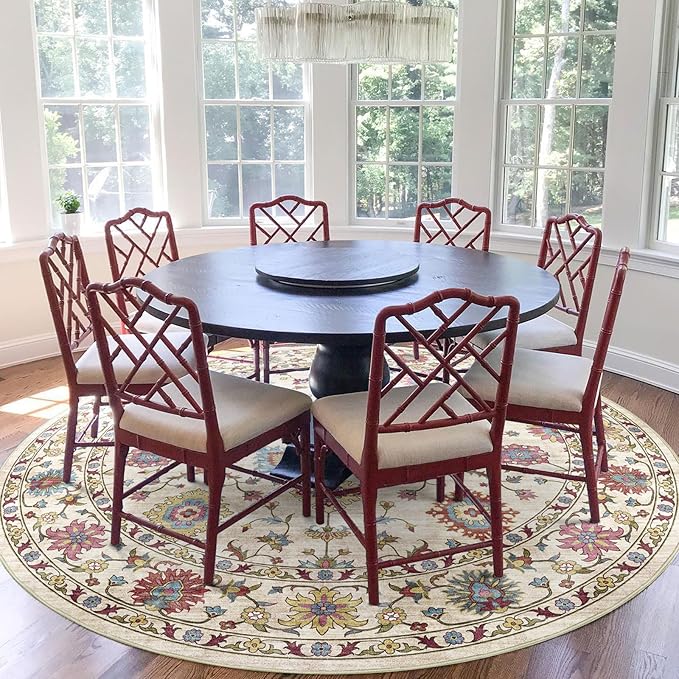 Washable Round Area Rug 6ft - Cream Colorful Traditional Floral Living Room Circle Rug Non-Slip Farmhouse Dining Room Carpet Soft Vintage Bohemian Round Rugs for Bedroom Office Nursery