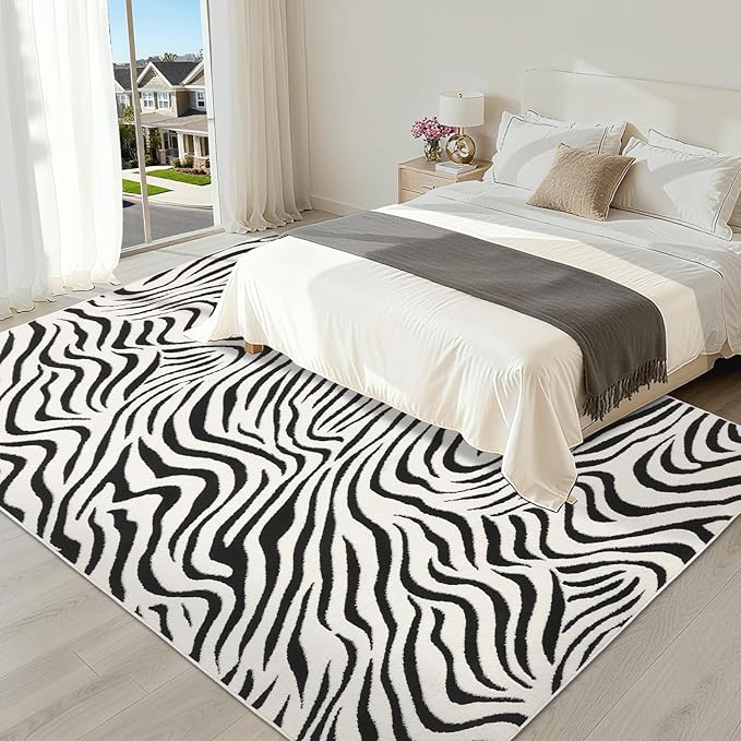 YIHOUSE 9×12 Ft Area Rugs for Living Room: Modern Washable Rug - Abstract Black and Cream White Rug for Bedroom Dining Room Office Playroom Nursery Home Decor - Nonslip Non-Shedding Striped Rugs