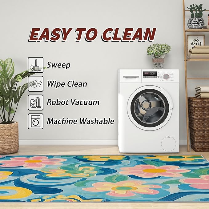 Floral Large Area Rug - 7x10 Rug - Modern Artistic Flower Rugs for Living Room Non Slip Low Pile Machine Washable Area Rugs, Floral Carpets Home Decor & Gifts
