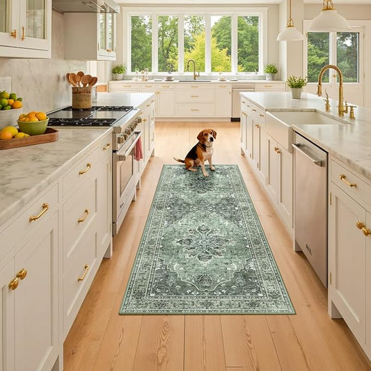 Area Rugs 2'x6' Washable Non-Slip, Floral Vintage Distress Print Pattern Medallion Carpet for Living Room Bedroom Dining Room, Dark Green Gray