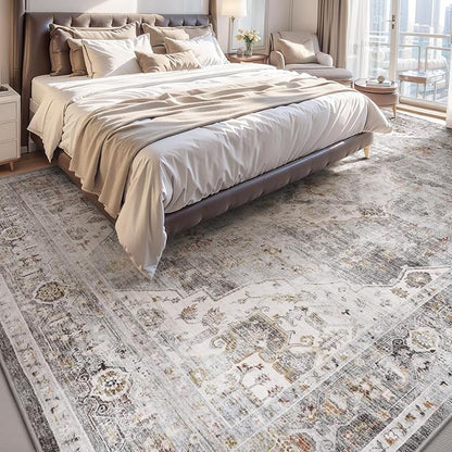 AMOAMI Area Rug - 9x12 Vintage Soft Grey Rug - Non Slip, Washable for Living Room, Bedroom, Dining Room, Office