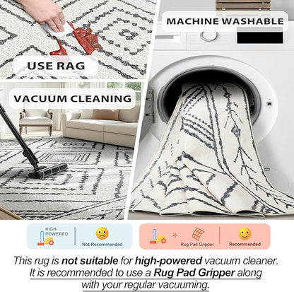 Area Rug 10x14 Rug Machine Washable Non-Slip Low Pile Print Pattern Western Rug for Living Room Bedroom Entryway Tribal Series -Navywhite/Black