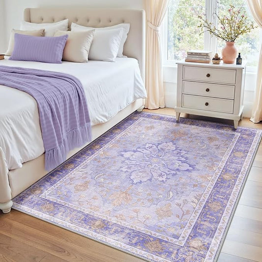 Area Rugs 4'x6' Washable Non-Slip, Floral Vintage Distress Print Pattern Medallion Carpet for Living Room Bedroom Dining Room, Light Purple Brown