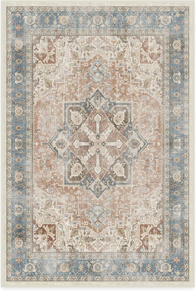 RUGGABLE Washable Vintage Area Rug – Kamran Coral 4x6, Stain-Resistant, Non-Slip – Medium Machine Washable Rugs for Living Room, Bedroom, Hallway, Entryway & Office–with Standard Pad