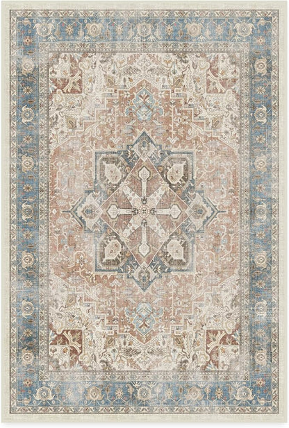 RUGGABLE Washable Vintage Area Rug – Kamran Coral 4x6, Stain-Resistant, Non-Slip – Medium Machine Washable Rugs for Living Room, Bedroom, Hallway, Entryway & Office–with Standard Pad