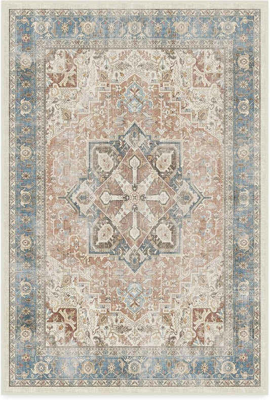 RUGGABLE Washable Vintage Area Rug – Kamran Coral 4x6, Stain-Resistant, Non-Slip – Medium Machine Washable Rugs for Living Room, Bedroom, Hallway, Entryway & Office–with Standard Pad