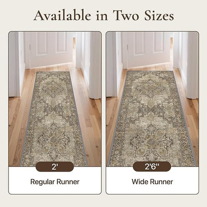 GENIMO 2'6''x7 Runner Rugs for Hallway, Machine Washable Non Slip Vintage Rugs, Low Pile Lightweight Soft Print Rug for enrtyway, Corridor, Home Office, Kitchen, Rustic Brown