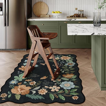 Lahome Floral Machine Washable Rug, 3x5 Rug Non Slip Soft Bedroom Rugs for Entryway Dorm, Ultra-Thin Boho Rugs for Living Room Stain Resistan Throw Carpet for Nursery Entrance, Black/Grey