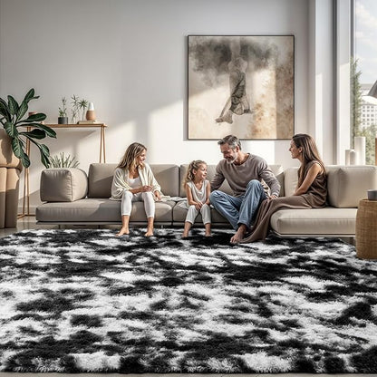 Zentavio Black and White Area Rugs for Living Room Large Rugs for Bedroom 8x10 Soft Carpet Fluffy Furry Shag Aesthetic Plush High Pile Gray Throw Rug for Nursery Kids Room Dorm Tie-Dyed