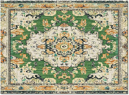 Bohemian Pattern Rectangular Area Rugs for Living Room Bedroom 3 x 5 ft Green & Orange Abstract Non-Shedding Soft Low Pile Rug Non Slip Washable Rug for Nursery Entryway Playroom