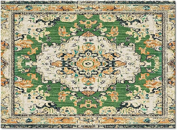Bohemian Pattern Rectangular Area Rugs for Living Room Bedroom 4 x 6 ft Green & Orange Abstract Non-Shedding Soft Low Pile Rug Non Slip Washable Rug for Nursery Entryway Playroom