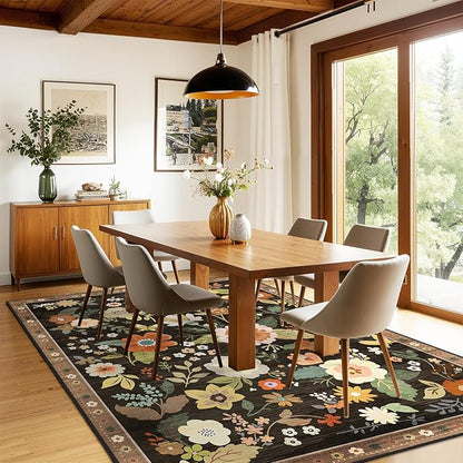 Floral 8x10 Area Rug Machine Washable Soft Print Boho Carpet Non Slip Doormat Low Pile Flower Area Rugs for Living Room Bedroom Nursery Kitchen Dining Room Indoor-Black/Yellow/Red