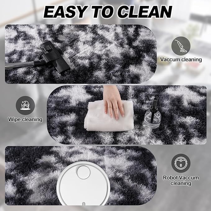 Fluffy Rug for Living Room Shaggy Area Rug High Pile Fuzzy Rug Non-Slip Indoor Floor Carpet Plush Area Rugs for Living Room Tie Dye Black White 6x9
