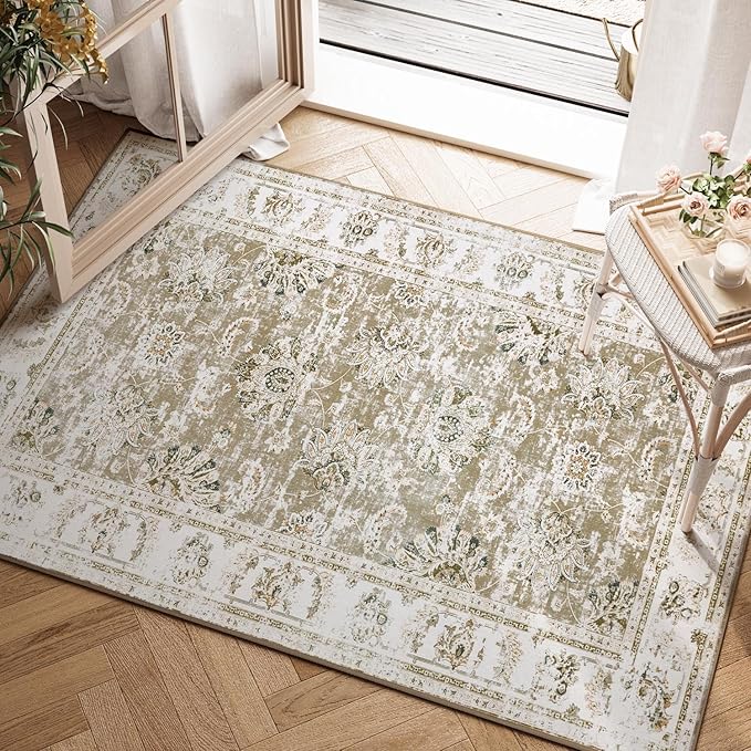 jinchan Fiora Floral 2x3 Rugs for Entryway - Vintage Washable Small Non-Slip Distressed Indoor Doormat Ultra-Thin Low-Pile Accent Rug for Entrance Kitchen Bedroom Bathroom (2x3ft, Taupe)