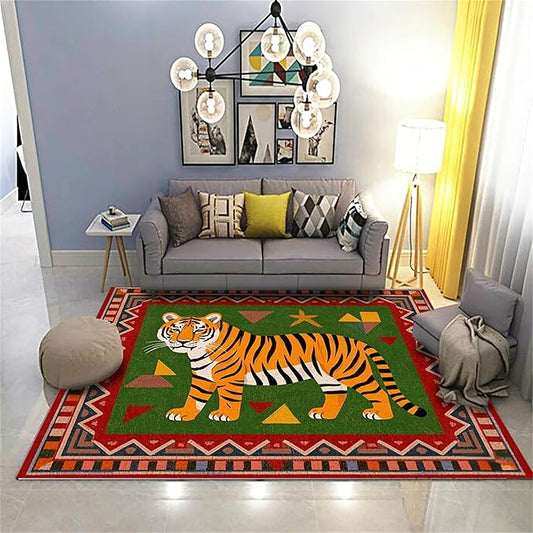 Colorful Tiger Pattern Area Rug, 3x4ft,Stylish Geometric Border Tiger Rug, Add Unique Charm To Your Home,Cute Animal Print Pattern Rugs Suitable for Children's Room Living Room Bedroom Farmhouse