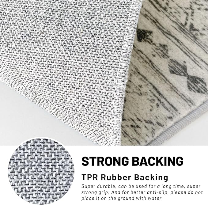 KUTA 2x6 Washable Runner Rug Non-Slip, Grey Moroccan Boho Rug Runner for Hallways Distressed Geometric Vintage Kitchen Rugs, Ultra Soft Floor Mat for Entryway, Bathroom, Laundry, Living Room, Bedroom