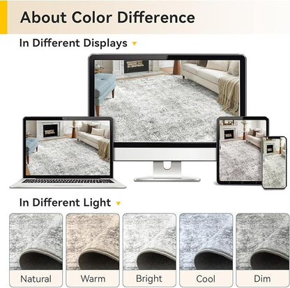 Washable Area Rugs 4'x6' Non-Slip Modern Abstract Soft for Living Room Entryway Bedroom Nursery, Print Pattern, Gray White Grey