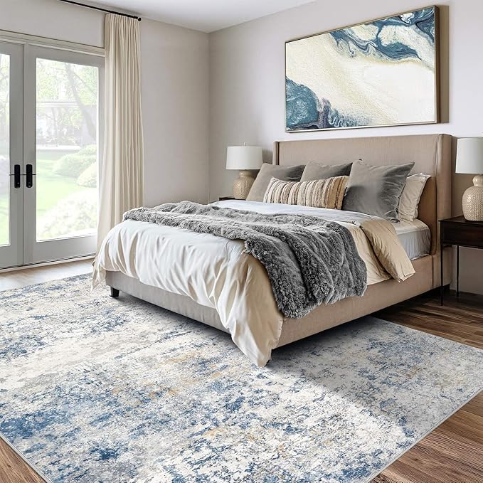 Area Rug Living Room Rugs - 5x7 Abstract Large Soft Indoor Washable Rug Neutral Modern Low Pile Carpet for Bedroom Dining Room Farmhouse Home Office - Blue