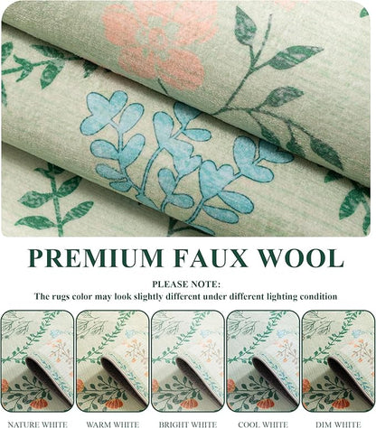 YIHOUSE Green Floral Print Rugs, Moroccan Trellis 10x14 Washable Large Rug, Modern Pastel Non Slip Ultra-Thin Area Rug for Classroom, Nursery Playroom,Dorm,Bedroom,Living Room, Green Multi