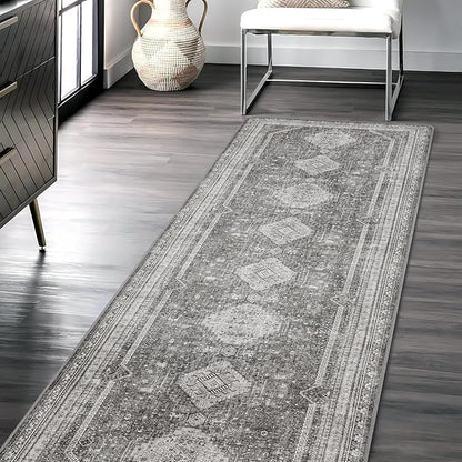 Bavni Runner Rug 2x10 Kitchen Rugs for Hallways Entryway, Washable Vintage Print Carpet, Low Pile Lightweight Rug with Non Slip Backing, Vintage Grey