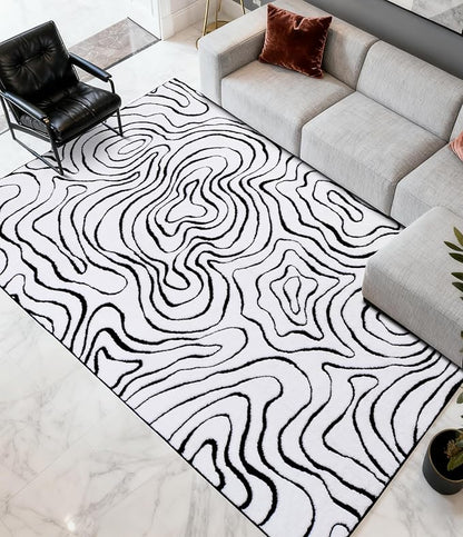YIHOUSE Modern Rugs for Living Room 6x9, Washable Black and White Bedroom Rug, Fluffy Geometric Dining Room Rugs for Under Table Home Decor